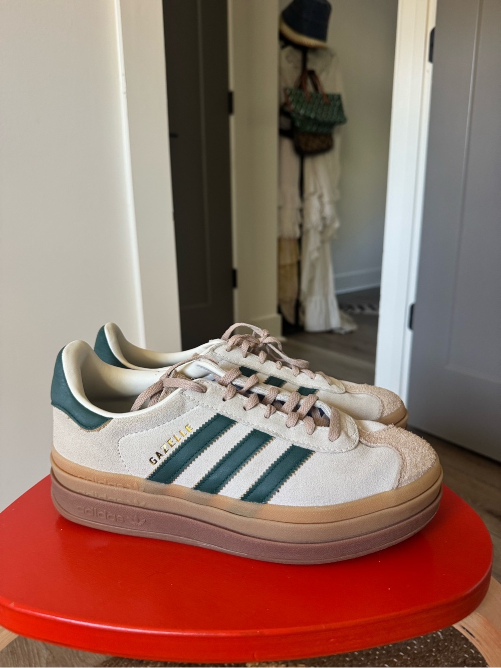 adidas Women’s Suede Sneakers in Cream with Green Stripes and Gum Sole